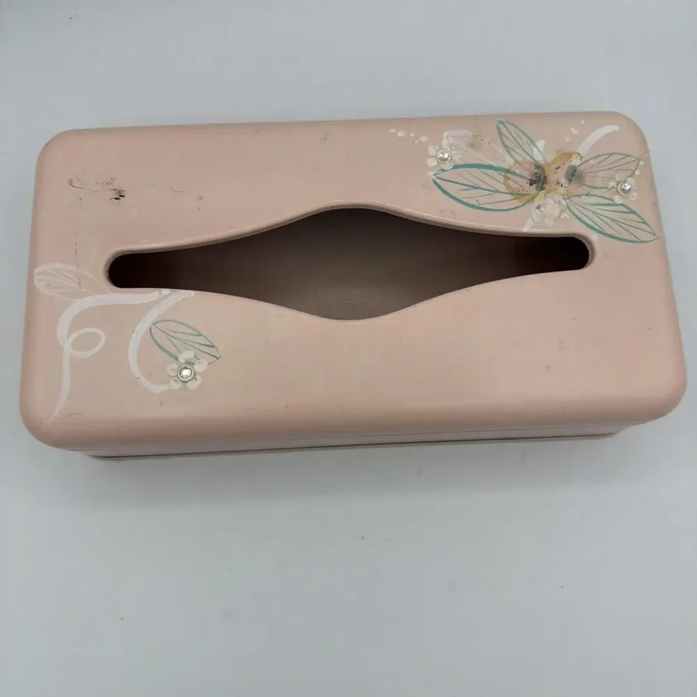 Vintage Ransburg Pink Cottage Tole Painted Metal Tissue Kleenex Box Holder MCM